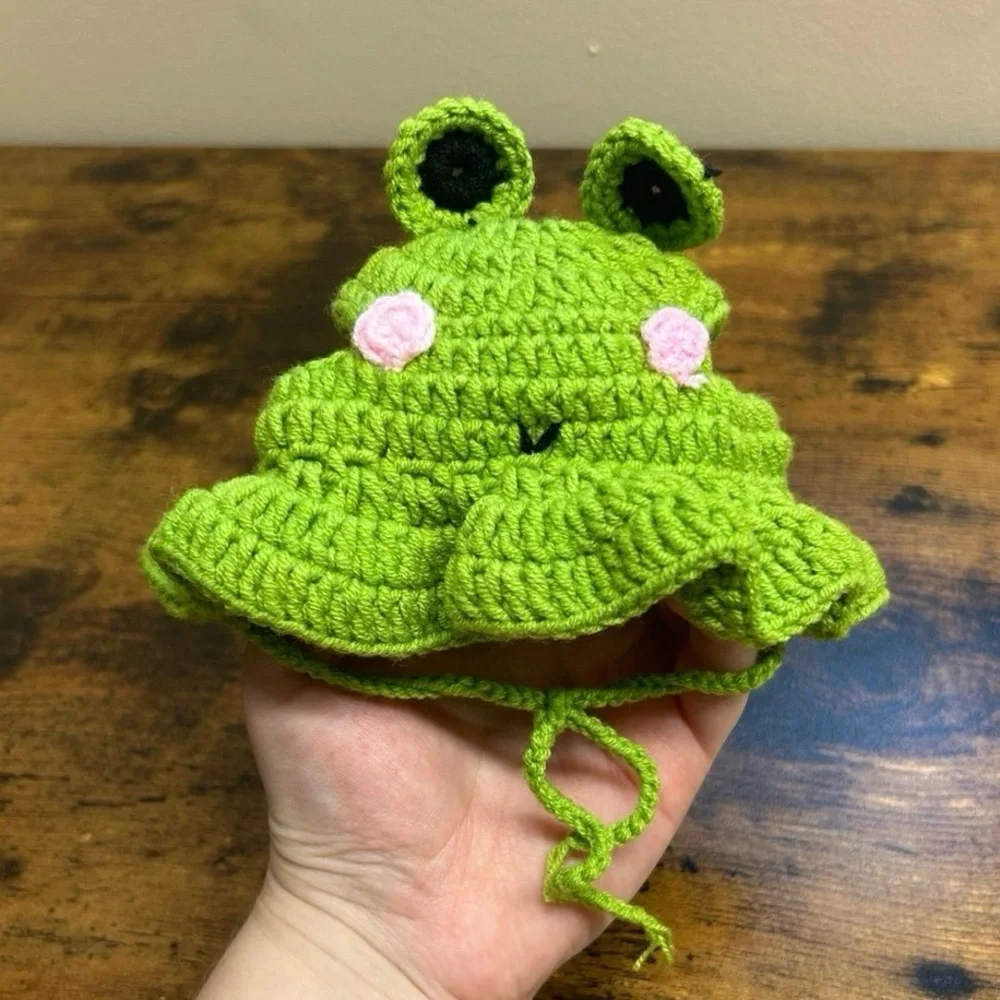 Green Crochet Cat Frog Hat with Pink Accents - Picture 2 of 4